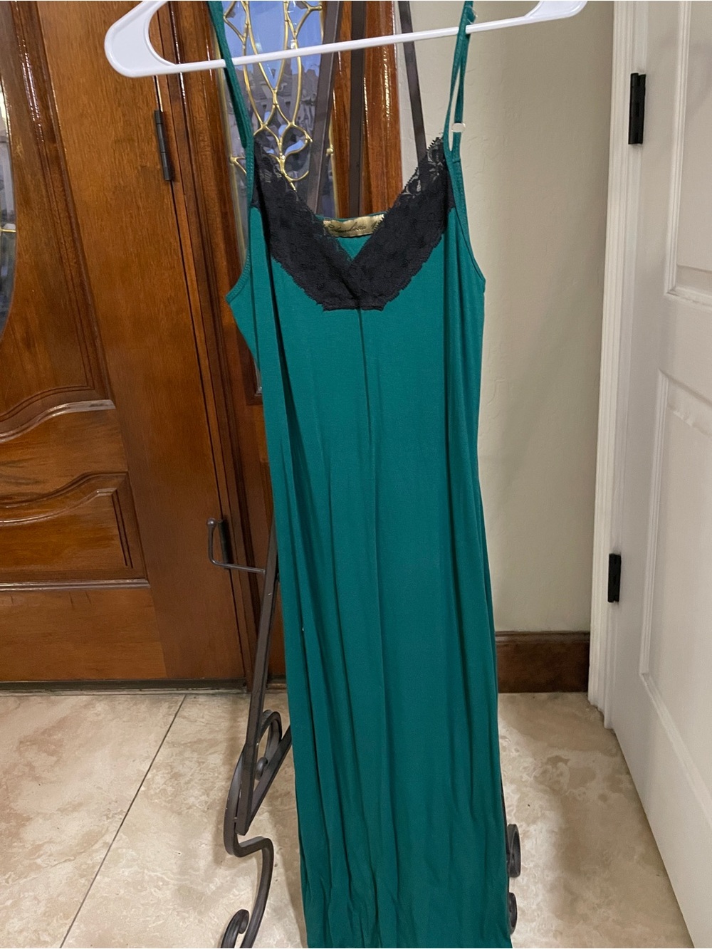 European Brand Dress size 42 Emerald Green Maxi Slip Dress with Black Lace Trim